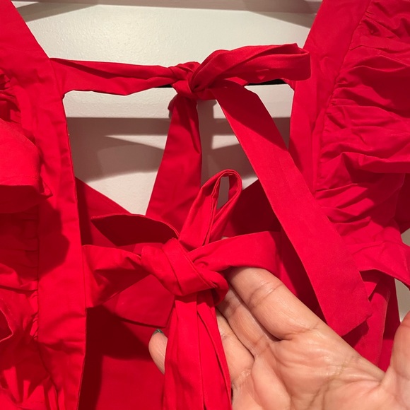 Day + Moon Red Mini Dress. Size: Large. Open Tie Back. Ruffle Sleeve. NWT. - Picture 7 of 12